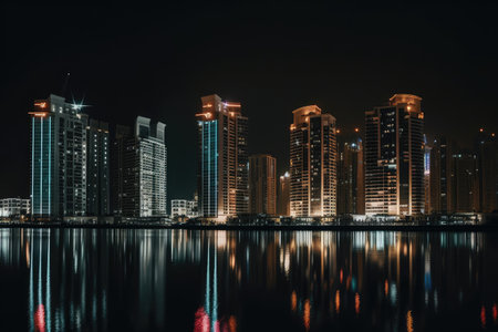 nighttime view of towering high-rises, with the lights shining and reflections shimmering in the water, created with generative aiの素材