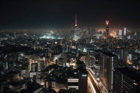nighttime view of modern city, with the twinkling lights of the high-rises and skyscrapers visible, created with generative aiの素材
