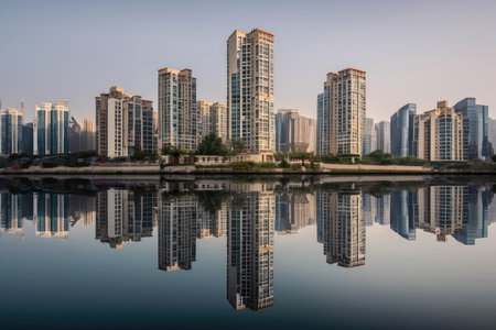modern high-rise with reflection in the water, surrounded by city skyline, created with generative aiの素材