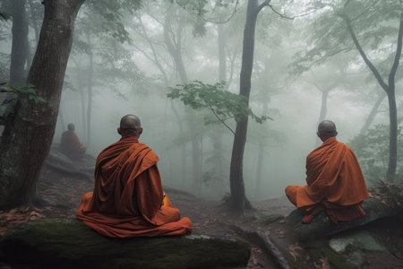 monks meditating in misty forest, with tree tops visible, created with generative aiの素材