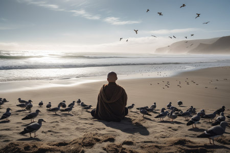peaceful scene, with monk sitting on peaceful beach, surrounded by ocean waves and seagulls, created with generative aiの素材