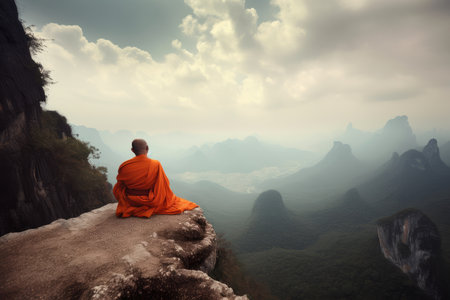 serene scene of monk sitting on mountain ledge, with breathtaking view of the valley below, created with generative aiの素材