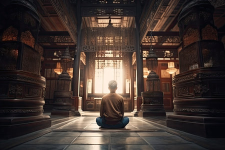 person, meditating in temple, surrounded by peaceful and harmonious atmosphere, created with generative aiの素材
