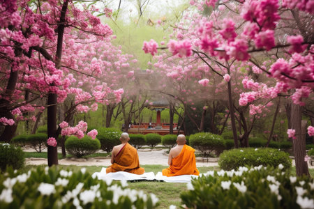 monks meditating in the tranquil garden, surrounded by blooming flowers and trees, created with generative aiの素材