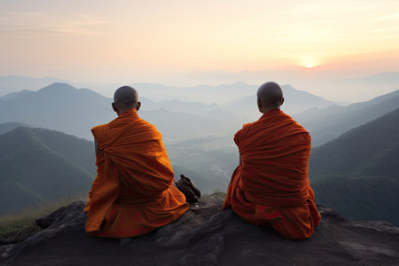 monks, with their backs to each other, in silent meditation on mountaintop, created with generative aiの素材