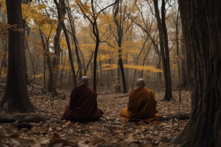 monks meditating in the forest, surrounded by nature, created with generative aiの素材