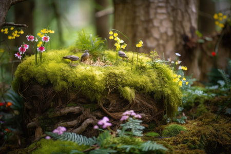 moss garden with blooming flowers and birds nest on tree trunk, created with generative aiの素材