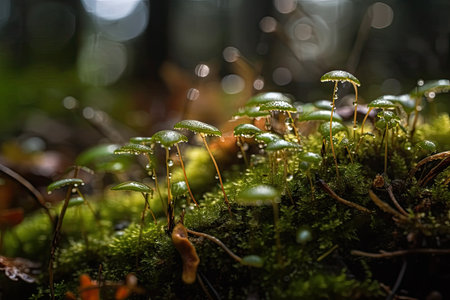 close-up of moss with dew drops on leaves in the forest, created with generative aiの素材