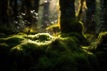 close-up of moss, with sunlight filtering through the trees, created with generative aiの素材