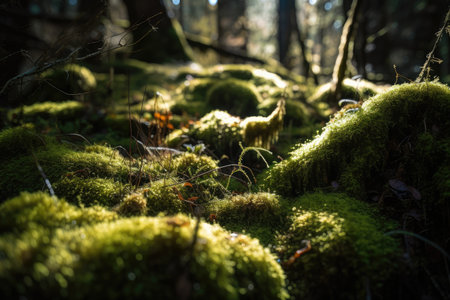close-up of moss, with sunlight filtering through the trees, created with generative aiの素材