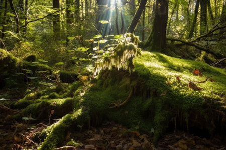 moss-covered tree trunk in the forest, with sunlight shining through the leaves, created with generative aiの素材