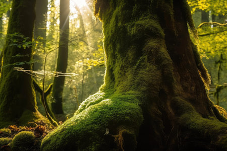moss-covered tree trunk in the forest, with sunlight shining through the leaves, created with generative aiの素材