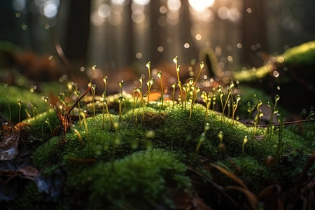 close-up of moss with dew drops in the forest under the warm sun, created with generative aiの素材