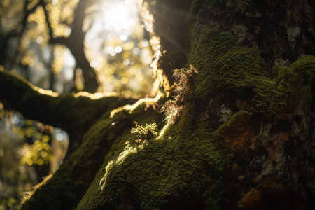 close-up of mossy tree trunk with dappled sunlight shining through the canopy, created with generative aiの素材