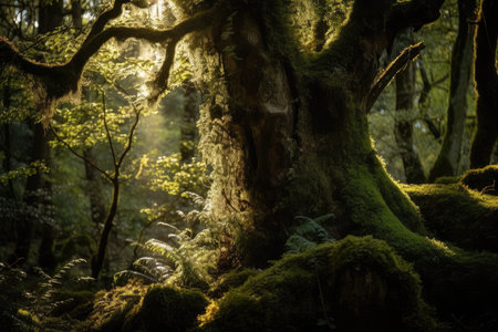 close-up of mossy tree trunk with dappled sunlight shining through the canopy, created with generative aiの素材