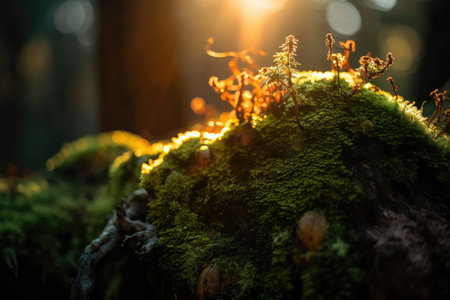 close-up of moss on a tree trunk, with the golden light of the sun shining through, created with generative aiの素材