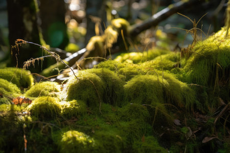 close-up of moss, with sunlight filtering through the trees, created with generative aiの素材