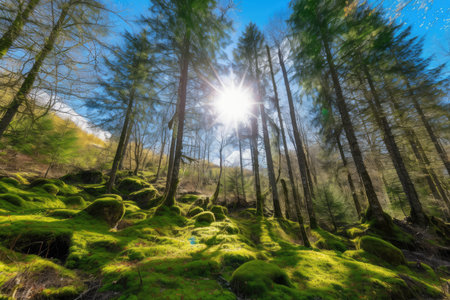 a sunny forest with moss-covered trees and clear blue skies, created with generative aiの素材