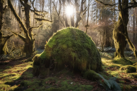 moss-covered tree trunk in forest clearing, with the sun shining through the canopy, created with generative aiの素材