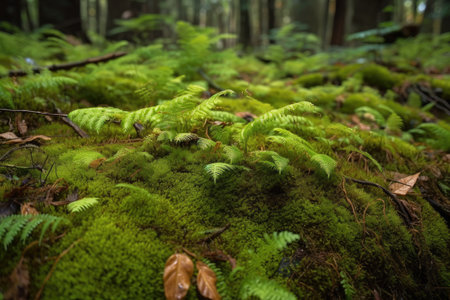 close-up of forest floor, with moss and ferns sprouting from the ground, created with generative aiの素材