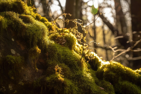close-up of moss on tree, with sunlight filtering through the leaves, created with generative aiの素材