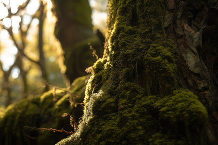 close-up of mossy tree trunk, with sunlight filtering through the canopy, created with generative aiの素材
