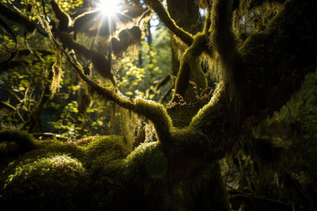 close-up of mossy tree trunk, with sunlight filtering through the canopy, created with generative aiの素材