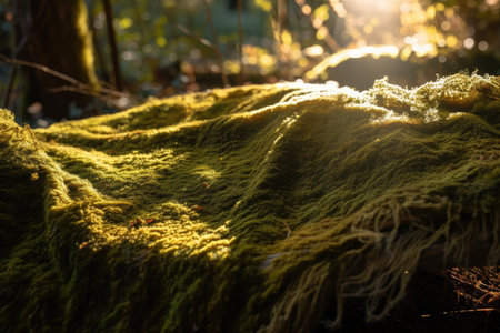 close-up of moss blanket with sunlight shining through the canopy, created with generative aiの素材
