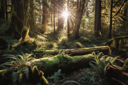 forest with moss-covered logs and scenic views of the sun shining through the trees, created with generative aiの素材