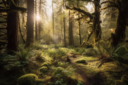 open forest with moss-covered trees and the sun shining through the canopy, created with generative aiの素材