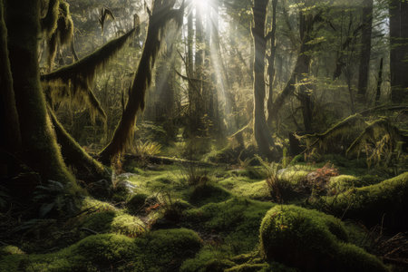 open forest with moss-covered trees and the sun shining through the canopy, created with generative aiの素材