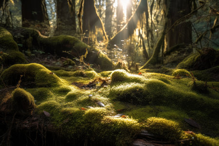 close-up of moss with sun rays shining through the trees, created with generative aiの素材