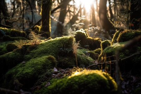 close-up of moss with sun rays shining through the trees, created with generative aiの素材