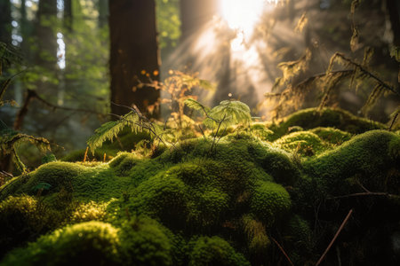close-up of moss with sun rays shining through the trees, created with generative aiの素材