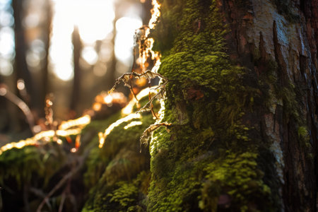 close-up of moss on a tree trunk, with the sun shining through, created with generative aiの素材