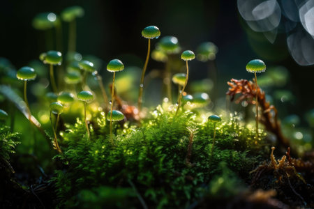 close-up of moss with dew drops in the forest, created with generative aiの素材