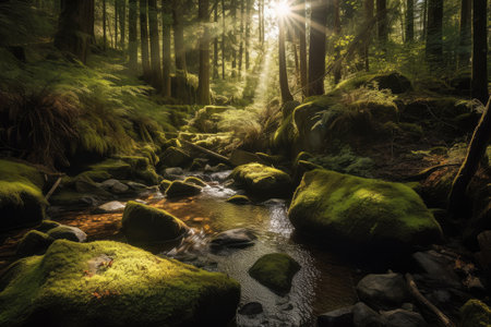 babbling brook with moss-covered rocks and sunlight filtering through the trees, created with generative aiの素材