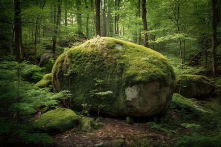 moss-covered rock in the forest, surrounded by greenery, created with generative aiの素材