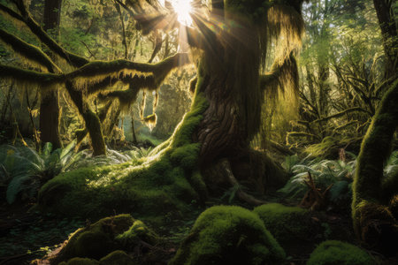 moss-covered tree trunk surrounded by sunlight filtering through the forest canopy, created with generative aiの素材