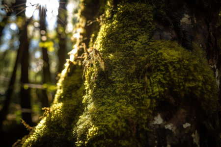 close-up of moss growing on tree trunk, with sunlight peeking through the canopy, created with generative aiの素材