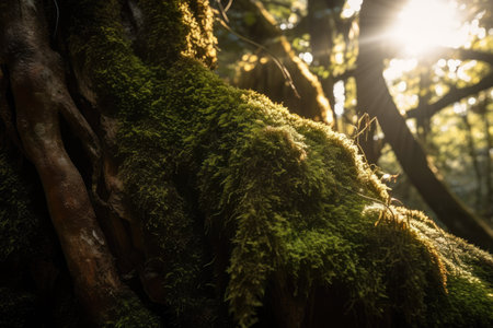 close-up of moss growing on tree trunk, with sunlight peeking through the canopy, created with generative aiの素材