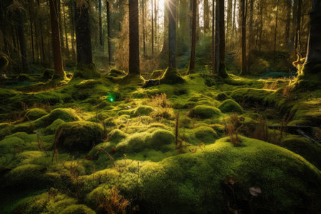 forest floor with bright green moss and sunlight shining through the trees, created with generative aiの素材