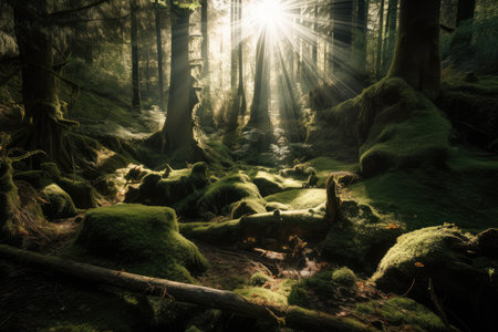 forest with sunbeams shining through the moss and onto the forest floor, created with generative aiの素材