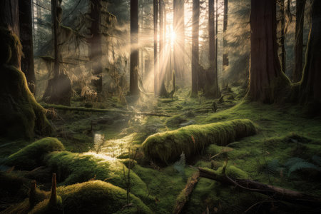 forest with sunbeams shining through the moss and onto the forest floor, created with generative aiの素材