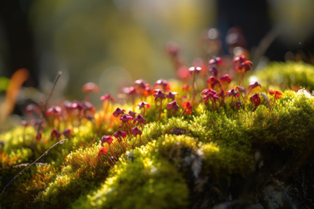 close-up of moss in the sun, with vibrant and colorful flowers in the background, created with generative aiの素材