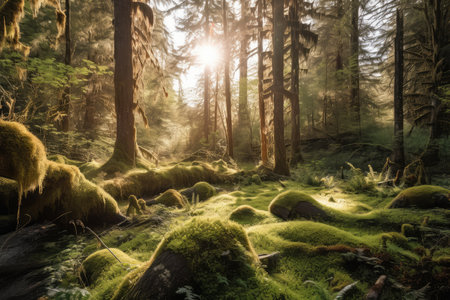 sunny forest with view of towering mountains and moss-covered trees, created with generative aiの素材