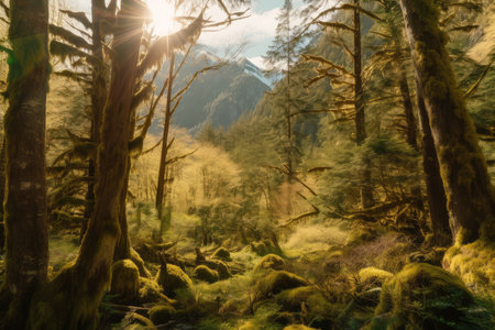 sunny forest with view of towering mountains and moss-covered trees, created with generative aiの素材