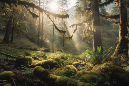 sunny forest with view of towering mountains and moss-covered trees, created with generative aiの素材