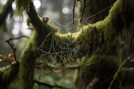 close-up of moss, with a spiderweb hanging from the branches in the background, created with generative aiの素材