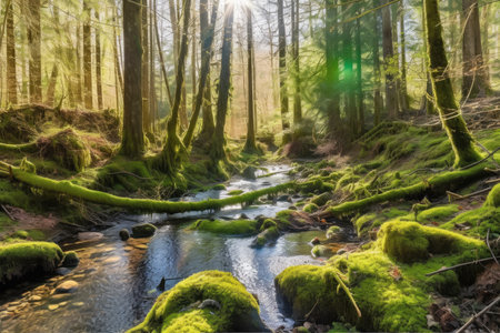 sunny forest with moss-covered trees and stream in the background, created with generative aiの素材